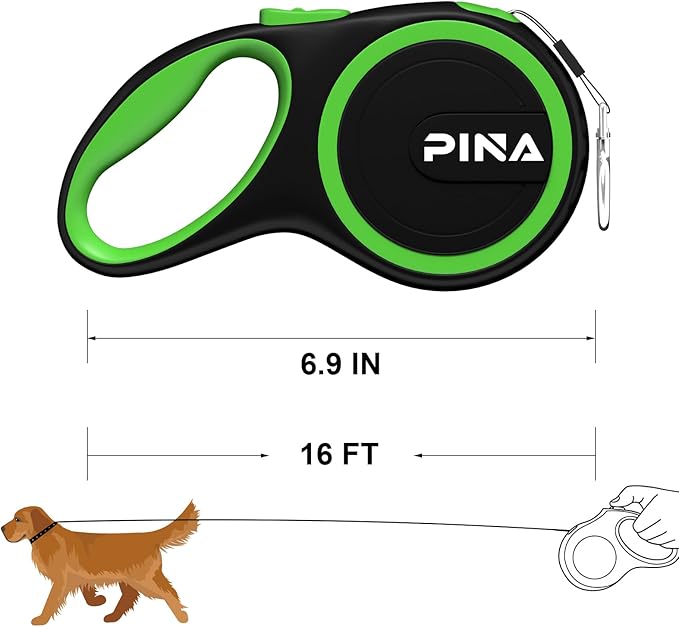 PINA Retractable Dog Leash, 16ft Dog Leash for Small Medium Dogs Up to 44lbs, 360° Tangle-Free Strong Reflective Nylon Tape, with Anti-Slip Handle, One-Handed Brake, Lock - Black Green