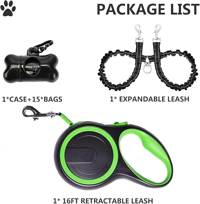 Dual Retractable Dog Leash for 2 Dogs - 16ft Heavy-Duty Retractable Leash for Small to Medium Dogs up to 44lbs, One-Hand Control with Lock & Brake, Anti-Tangle Design & Non-Slip Grip (Green)
