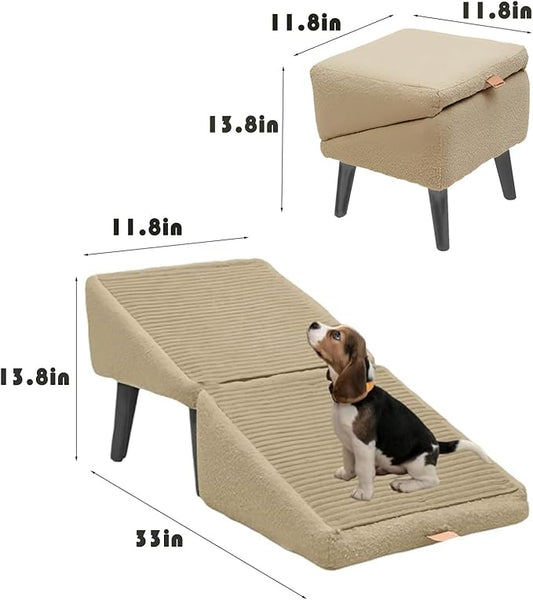 Split Ottoman Dog Ramp, Suitable for Porch Steps, Outdoor, Multifunctional Folding Ramp Stairs, Bed and Sofa Integrated, Large and Small Dog Pet Sofa Steps, 13.8 Inches (Off-White)