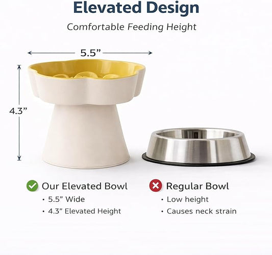 Ceramic Elevated Slow Feeder Cat Bowl, Raised and Gently Tilted Feeding Dish with Maze Design, Whisker-Friendly, Easy to Clean, for Indoor Cats and Small Dogs (Beige/Yellow)