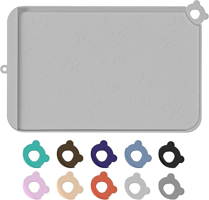 Silicone Dog Food Mat With Residue Collection Pocket - Waterproof Pet Feeding Mat for Cats and Dogs, Raised Edges, Hooks, Placemats for Water Bowl