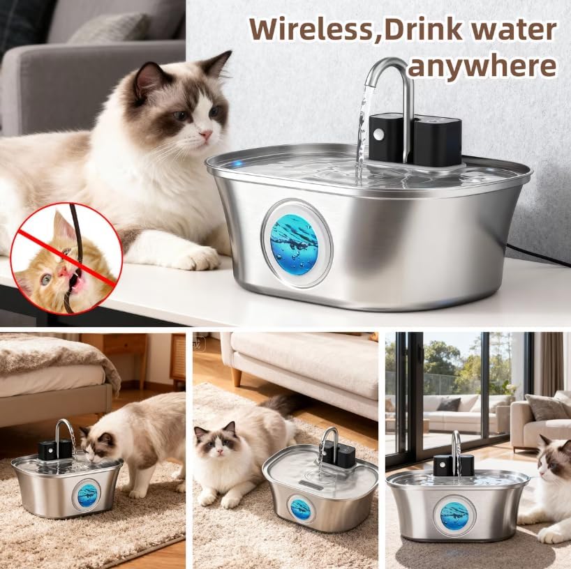 Casfuy PWL-300 Wireless Smart Quiet Stainless Steel Cat Water Fountain, 108-oz - Image 7
