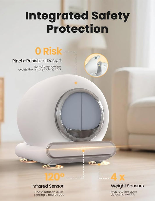 Self Cleaning Litter Box, Integrated Safety Automatic Cat Litter Box Self Cleaning 65L+9L for Multiple Cats, App Control, Odor Removal, Includes Mat & Liner (3 Rolls) - White