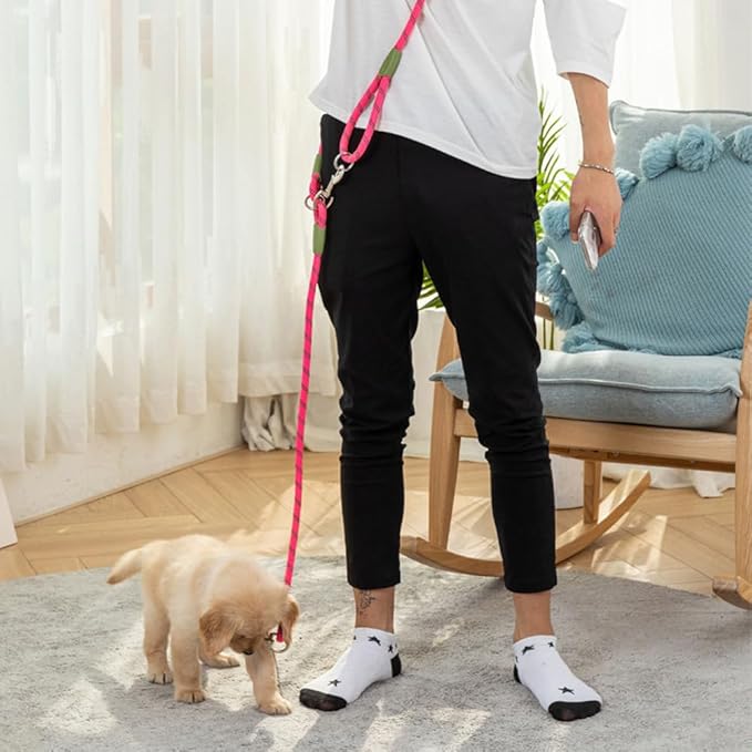 pawstrip Hands Free Dog Leash Crossbody Dog Running Leash Handsfree Pet Rope for Hiking Training Heavy Duty Reflective Pet Walking Belt (Pink)
