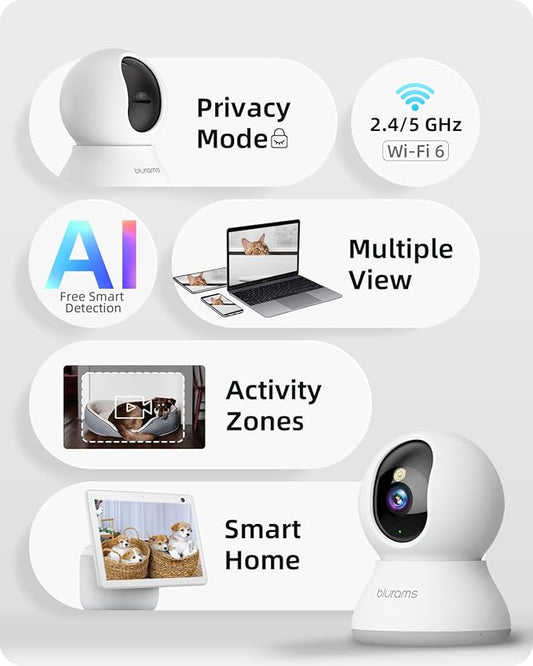 blurams 5G Cameras for Home Security, 2K Pet Camera with Phone App, 360° PTZ Indoor Camera w/Dual-Band WiFi6, Free Human/Motion/Sound Detection, 2-Way Talk, Night Vision, Compatible with Alexa, 2Pack