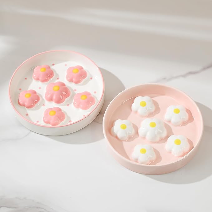 Ceramic Cat Slow Feeder Bowl - 6 OZ Puzzle Food Dish for Healthy Eating - Shallow Wide Whisker Friendly - Dishwasher Safe - 6.3''W x 1.2''H - 6 OZ - White Flowers