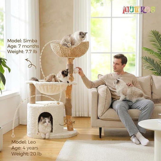 Modern Cat Tree for Large Cats, Wood Cat Tower for Indoor Cats, Real Branch Luxury Cat Furniture with Super Large Cozy Condo and Hammock & Scratching Post, Top Basket, White