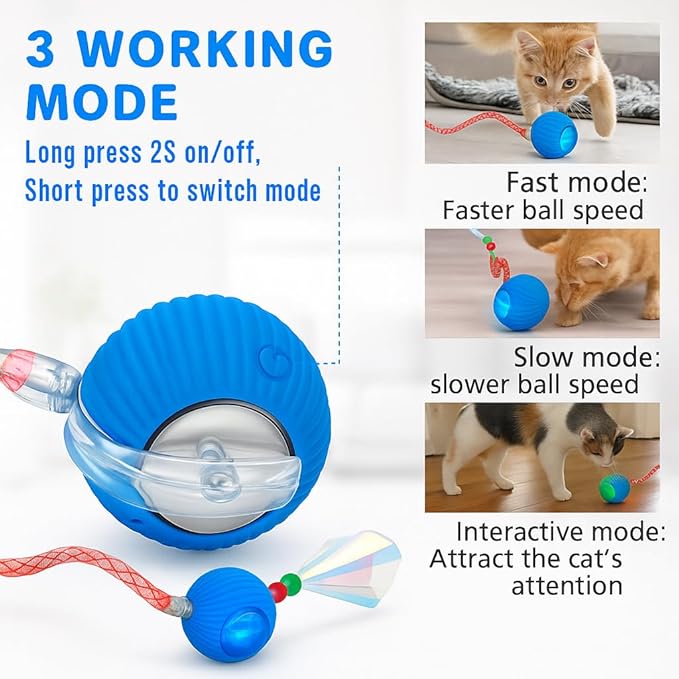 Interactive Cat Toy Ball for Indoor Cats and Kittens – Automatic Rolling Ball, Motion Activated Cat Toys with Tail Accessories, Smart Play Modes, USB Rechargeable Pet Toy for Exercise & Fun