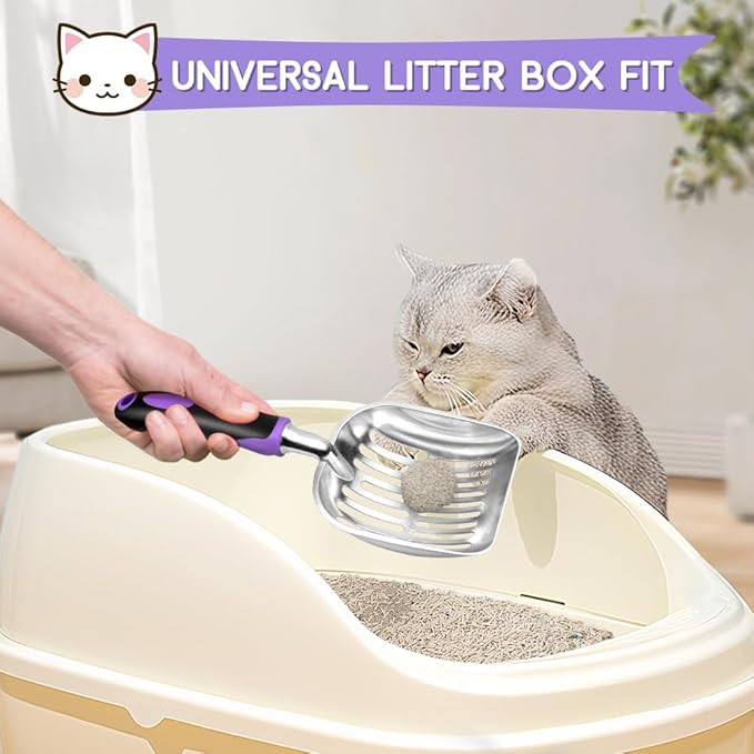 Cat Litter Scoop, Metal Cat Scooper, Rubber Handle Scoop, Sifting Shovel â Heavy Duty Aluminum Alloy Litter Box Scoop with Deep Mesh, Design for Easy Waste Removal and Cleaning(Purple)