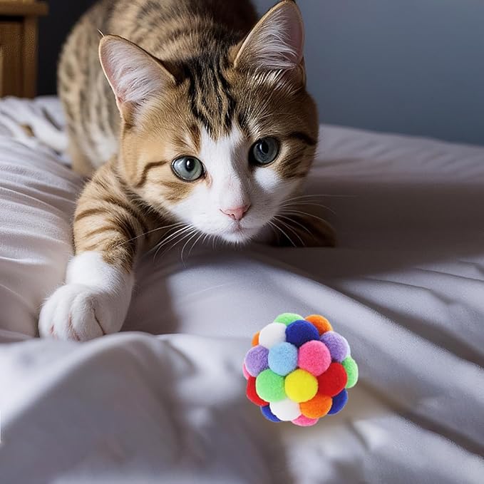 9PCS Cat Toy Balls, 1,75'' Soft Pom Pom Balls for Kittens, Colorful Soft Fuzzy Ball for Cats, Interactive Playing Chewing Toys for Indoor Cats and Kittens, Cute Kitty Toy