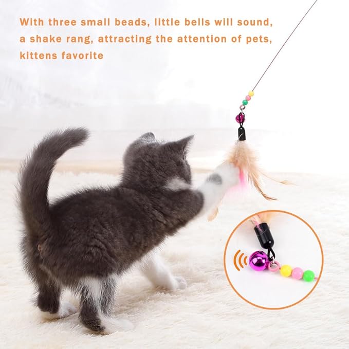 6 Pack Cat Feather Toy, Cat Toys Wand, Interactive Pet Cat Kitten Chaser Teaser Wire Wand with Bell Beads for Cat Exercise Play Fun Gifts - Wholesale
