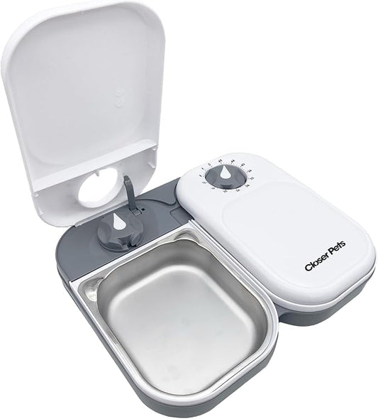 Closer Pets C200 2 Meal Timer-Controlled Automatic Pet Feeder - for Cats and Small Dogs, Wet or Dry Food, Stainless Steel Bowl Inserts and Ice Pack, up to 14 oz Each, White