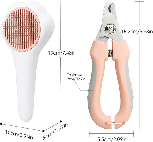 Self-Cleaning Cat Brush for Shedding with Cat Nail Clipper 2-Piece Set for Pets That Shed a Lot or Have Overgrown Nails,Including Long-Haired & Short-Haired Cats, Small & Medium Dogs, Rabbits and More