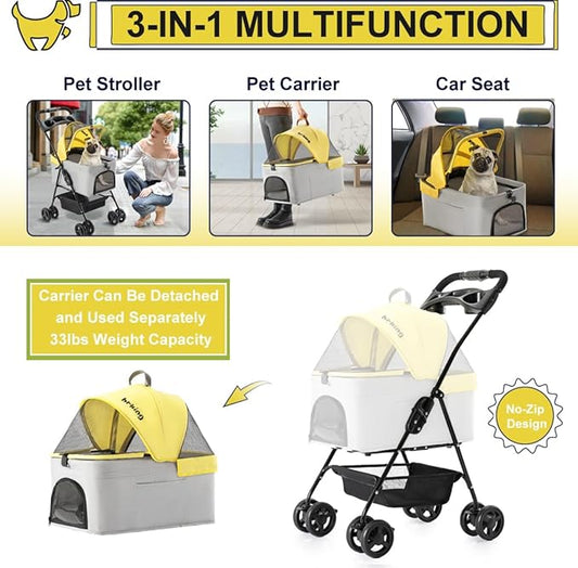 3-in-1 Pet Stroller for Small Dogs and Cats, Folding Lightweight Dog Stroller with Detachable Carrier Portable Cat Puppy Jogging Stroller with Cup Holder and Storage Basket, 4 Wheels