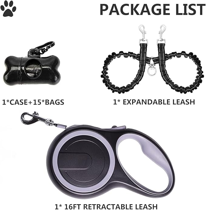Dual Retractable Dog Leash for 2 Dogs (Grey) - 16ft Heavy Duty Leash with One Button Lock & 360° Tangle-Free Design, for Medium/Large Dogs up to 110lbs/50kg
