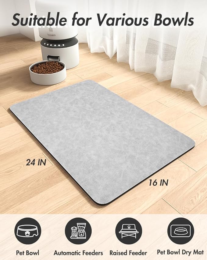 MontVoo-Absorbent Pet Feeding Mat-No Stains Pet Mat for Food and Water Bowl-Quick Dry Cat & Dog Food Mat Water Dispenser Mat-Pet Supplies Mat-Dog Water Bowl Mat for Messy Drinker,(LightGrey,16"x24")