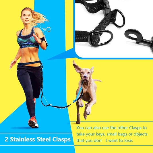 Hands Free Dog Running Leash with Adjustable Waist Belt, Dual Handle Elastic Bungees Retractable Rope for Small and Medium Dogs, Reflective Stitches for Walking Hiking Biking (Medium, 8-25lb)