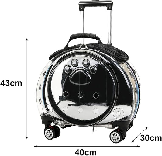 Pet Carrier with Wheels for Cats and Dogs, Clear Hard-Shell Rolling Pet Carrier with Retractable Handle, Airline-Approved Travel Carrier, Portable Cat and Dog Stroller (Black)