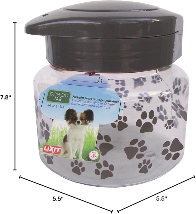 Lixit® Dog Treat Plastic Jar - Airtight Food and Treat Storage Jars for Dogs, Cats, Small Animals and Birds - Made in USA (Paw Prints - Gray, 64 Ounce)