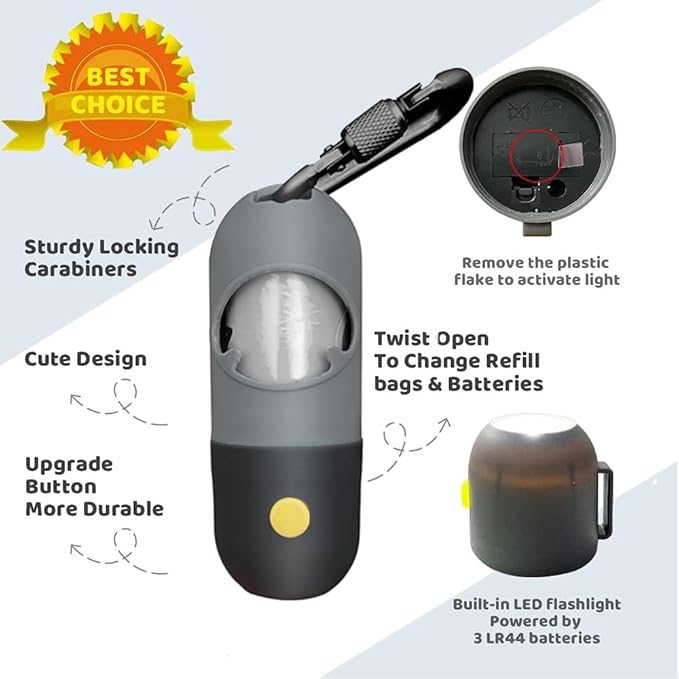 Dog Poop Bag Dispenser with Built-in LED Flashlight and Metal Clip for Leash, Pet Waste Bag Holder, Dog Walking Accessory (Black)