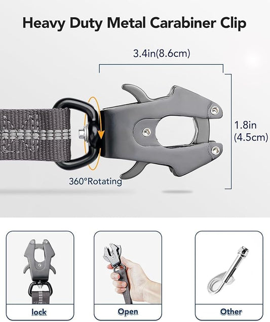 Joytale Tactical Dog Leash Heavy Duty, 4-6FT Shock Absorbing Bungee Lead with 2 Padded Handle, Metal Carabiner Clip, Car Seatbelt, Strong No Pull Leash for Medium Large X-Large Dogs, Gray