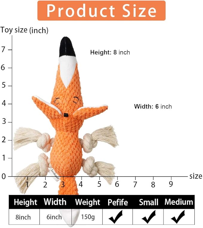 Cute Squeaky Dog Toy, Stuffed Plush Toy for Puppies, Durable Dog Chew Toy for Small, Middle, Large Breed (Orange Fox)
