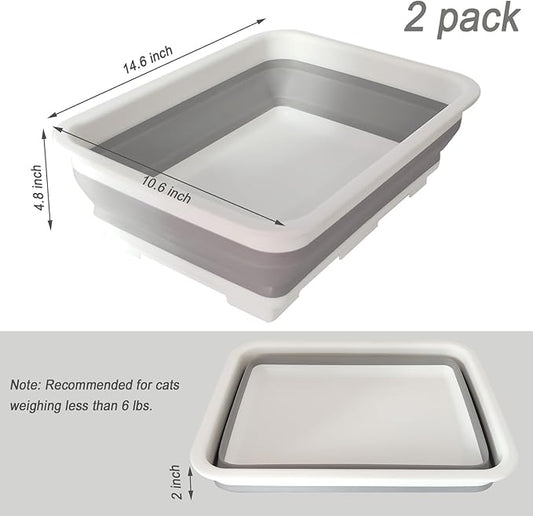 2 Pack Collapsible Small Cat Litter Box, Open Kitten Litter Potty Pan Low Entry Pet Kitty Toilet Foldable Waterproof Travel Toilet for Sick Frail Kitty 14.6 x 10.6 x 4.8 inches Grey