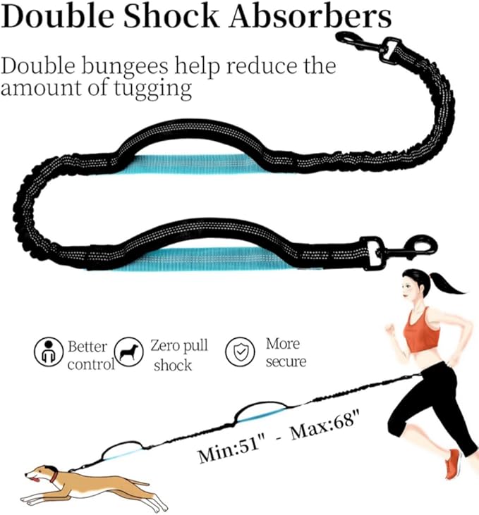 Hands Free Dog Leash with Zipper Pouch, Dual Padded Handles & Durable Bungee Dog Leash for Walking, Jogging, Running and Hiking