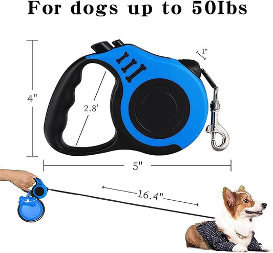 Heavy Duty Retractable Dog Leash - 16FT Blue, Tangle-Free Nylon Tape, Anti-Slip Handle, with Waste Bag Dispenser for Small Dog or Cat up to 26 lbs
