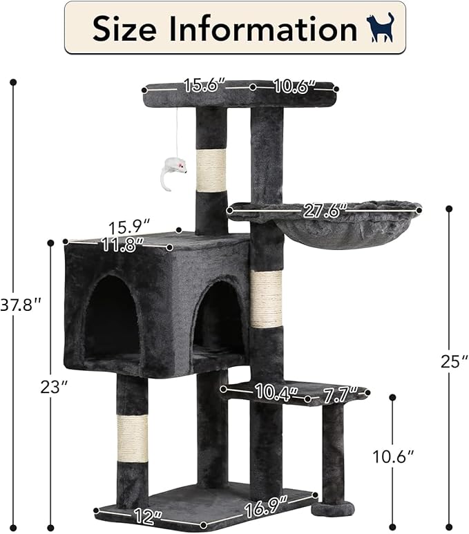 BestPet | 37" Cat Tree Tower | Light Gray | Sturdy Multi-Level Cat Tree with Plush Condo, Cozy Perch, Sisal Scratching Posts, Hanging Toy and Hammock | Easy Assembly | for Kittens & Adult Cats
