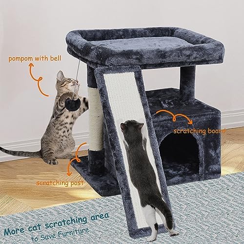 Small Cat Tree Tower for Indoor Use – Stable Condo with Scratching Post, Perch, Board, and Hideout for Kittens(Smoky Grey) - Image 2
