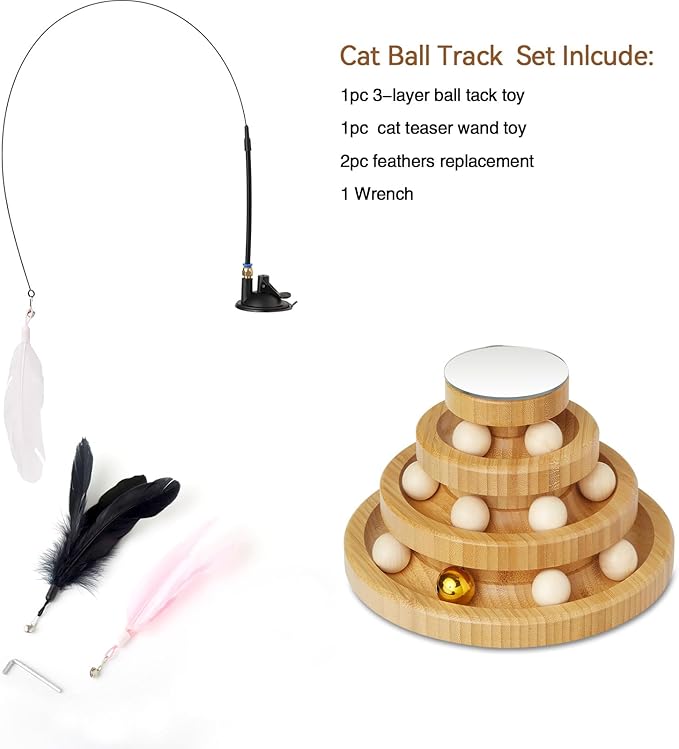 Wooden Cat Ball Track Toy 3-Layer Cat Ball Tower Toy with Suction Cup Cat Teaser Wand Set,Bamboo Cat Toys for Indoor Spinning Bell Balls Kitten Exercise Mental Physical,3pcs Replacement Feathers