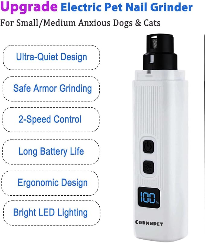 Electric Dog Nail Grinder with 2 Level LED Lights, 2 Speed Super Quiet and Low Vibration Rechargeable Pet Nail Grinder for Small Dogs and Cats - White
