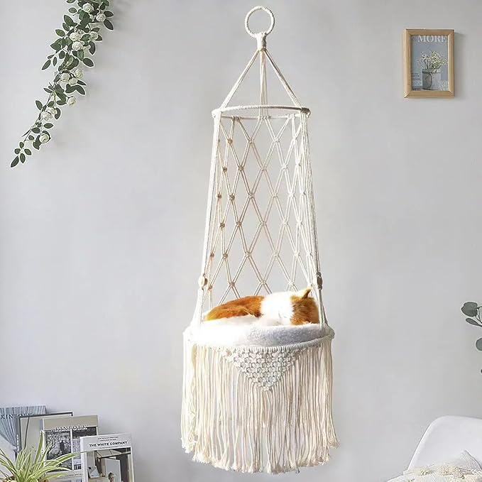 Macrame Cat Hammock, Hanging Bed with Cushion, Boho Style Cotton Rope Swing, White Handwoven Pet Furniture for Indoor Cats (1 White (Cushion Included), Inside Diameter 40)