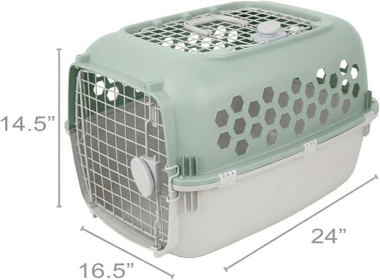 Hard-Sided Pet Carrier for Dogs and Cats | 24-Inch Top-Load Travel Kennel with Double Door Entry | Heavy-Duty Plastic Crate for Vet Visits & House Training, Green/Gray, Up to 30 lbs Capacity