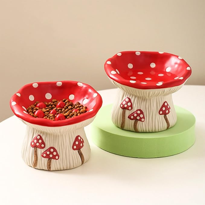 Ceramic Cat Bowl, Cute Red Mushroom Elevated Cat Food Dish, Shallow Raised Feeder, Anti Vomiting, Stress Free, Whisker Fatigue