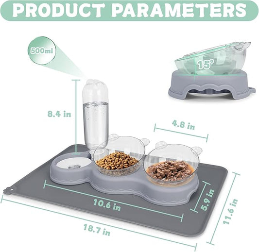 Triple Cat Bowls for Food and Water, YECERCAN Plastic Raised Cat Bowls with Automatic Water Bottle & Waterproof Mat for Cats/Small Dogs, 3 in 1 Pet Feeder for Wet/Dry Food