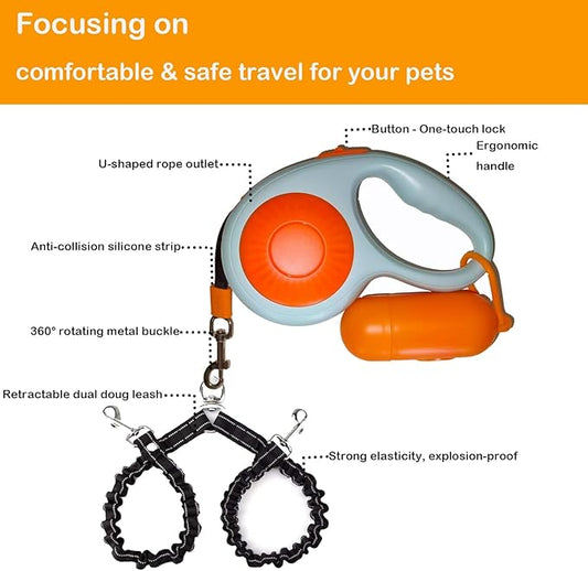 Double Dog Leash for Walking 2 Small Dogs (Up to 33 Lbs Each), Dual Retractable 9.8ft Extendable Strong Nylon Tape Pet Leash with Poop Bags, One-Handed Brake, Pause, Lock (Orange)