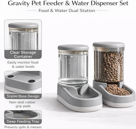 Gravity Pet Feeder and Water Dispenser Set, 8L (4L+4L) Up to 14 Days, Automatic Dog Cat Feeder & Waterer, See-Through Design, Leak-Proof, Anti-Jam, No Electricity, Small Medium Large Dogs Cats