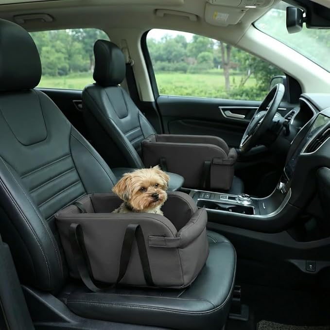 Waterproof Faux Leather Center Console Dog Car Seat, 2-in-1 Portable Puppy Carrier & Armrest Booster Seat for Small Dogs, Easy-to-Clean Tech Fabric, Sturdy Cushioned, Anti-Collapse Walls, Under 11 lbs