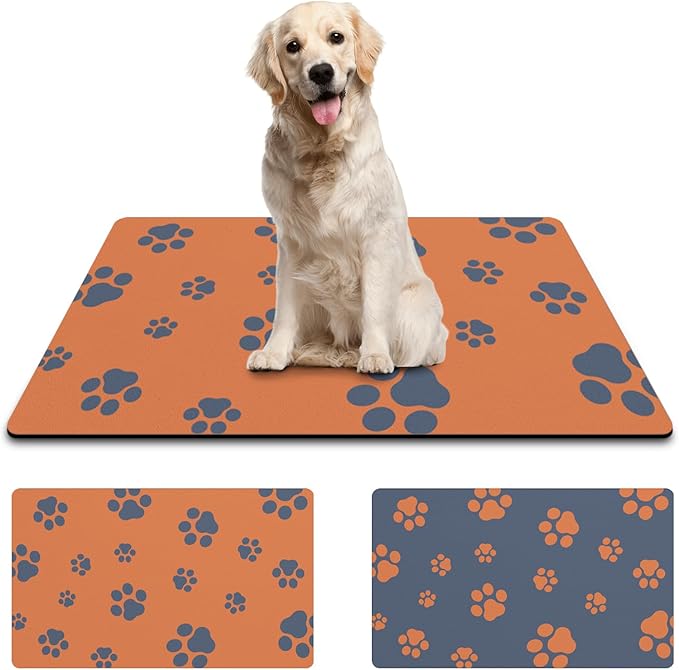 18"×30" Dog Food Mat-Absorbent Dog Mat for Food and Water, No Stains Quick Dry Cat Food Bowl Mat with Footprints for Messy Drinkers,Orange