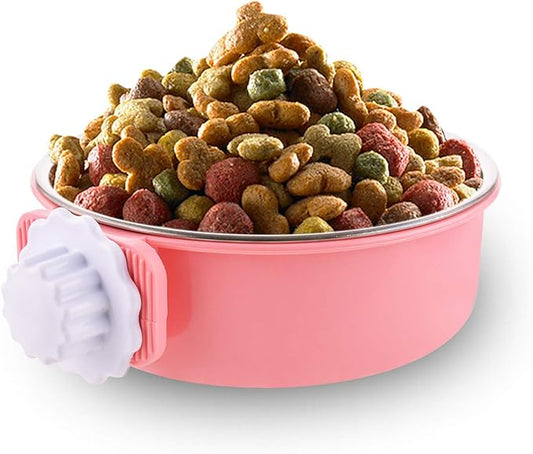 Crate Dog Bowl Removable Stainless Steel Water Food Feeder Bowls Cage Coop Cup for Cat Puppy Bird Pets (Large, Pink)