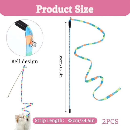2 Pcs Interactive Cat Rainbow Wand Toys, Cat Teaser Wand and String Toy Colorful Ribbon Strong and Sturdy Pole with Small Bells for Indoor Cats and Kittens to Play Chase Exercise for Fun