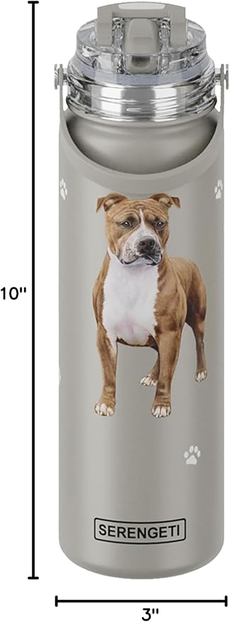 SERENGETI 24 Oz Water Bottle Stainless Steel with Spill Proof Lid - Double walled Vacuum Insulated water flask - Realistic 3D Print of your favorite dog (Pit Bull)