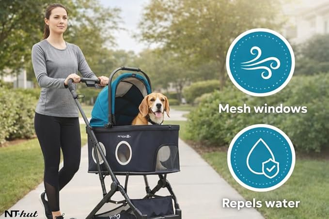 NT Hut WagZee Dog Stroller for Small & Medium Dogs & Cats, Foldable Pet Stroller with 360 Mesh Windows, One-Click Fold, Storage Basket, Cup Holder, Black Teal