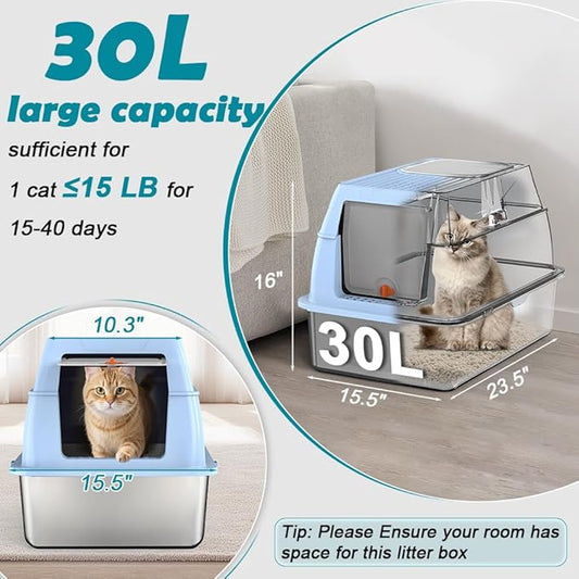 SZEE XL Stainless Steel Litter Box with Lid, Extra Large Metal Covered Litter Box, Stainless Box Easy Clean, Activated Charcoal Odor Control Design, Includes Litter Scoop & Mat & Step, Blue