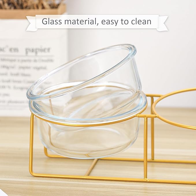 Elevated Dog Bowls for Small Dogs - 2 Glass Bowls with Gold Iron Stand - Raised Pet Dish Set for Food and Water - Comfortable Feeding