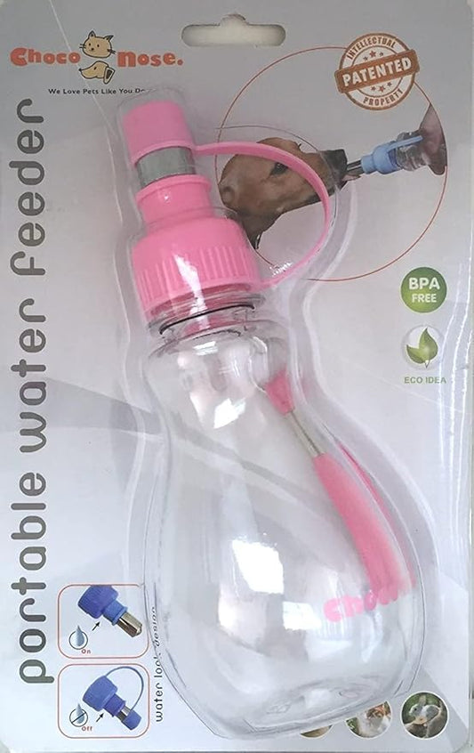 Choco Nose Patented Portable No-Drip Travel Water Bottle/Feeder for Dogs/Puppies/Cats/Rabbits and Other Small Sized Animals -8 oz. Leak-proof Nozzle 16mm, Pink (H258)