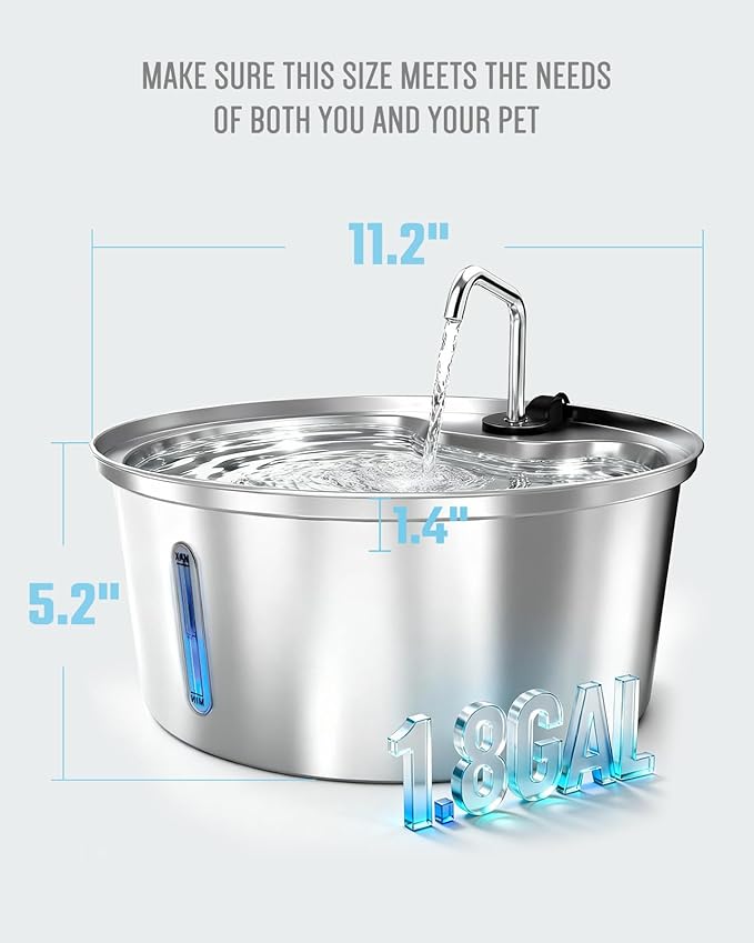 Dog Water Fountain Stainless Steel, 7L/1.8Gal Pet Fountain Water Bowl with Multi-Filtration & Deeper Drinking Aera, Large cat Water Fountain with Water Window & LED, Ultra-Quiet