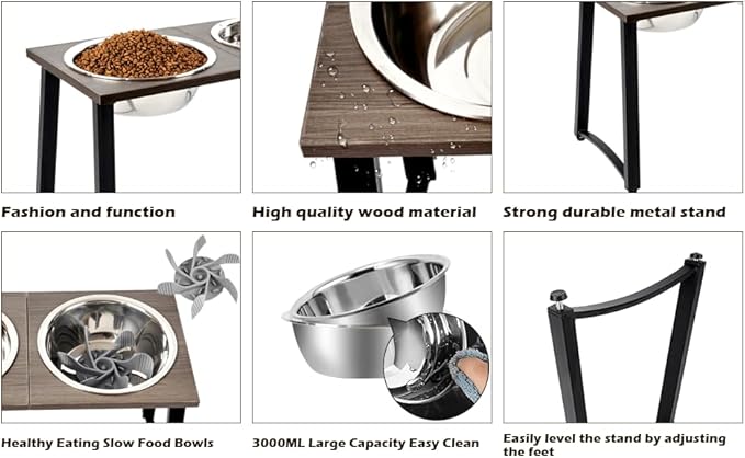 Elevated Dog Bowls for Large & X-Large Dogs, 16" Tall Raised Stand with 2 Stainless Steel 3000ML Bowls, Slow Feeder & Spill-Proof Mat – Extra Large Dog Food & Water Bowl Set